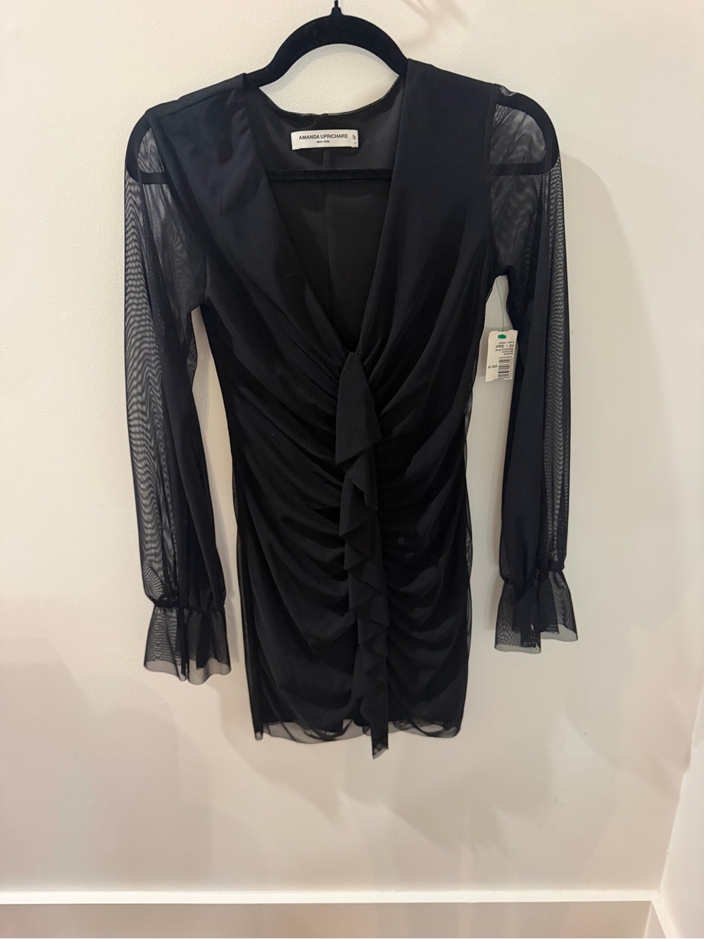 Amanda Uprichard Black Mesh Long Sleeve Mini Dress